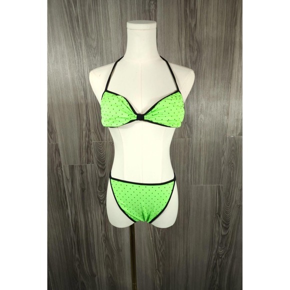 Sassafras Other - Vintage 80s Sassafras Green Polka Dot Halterneck Triangle Bikini Swimwear Size M